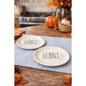 Rae Dunn GOBBLE Oval Plates Set of 2 Thanksgiving Farmhouse Ceramic Magenta